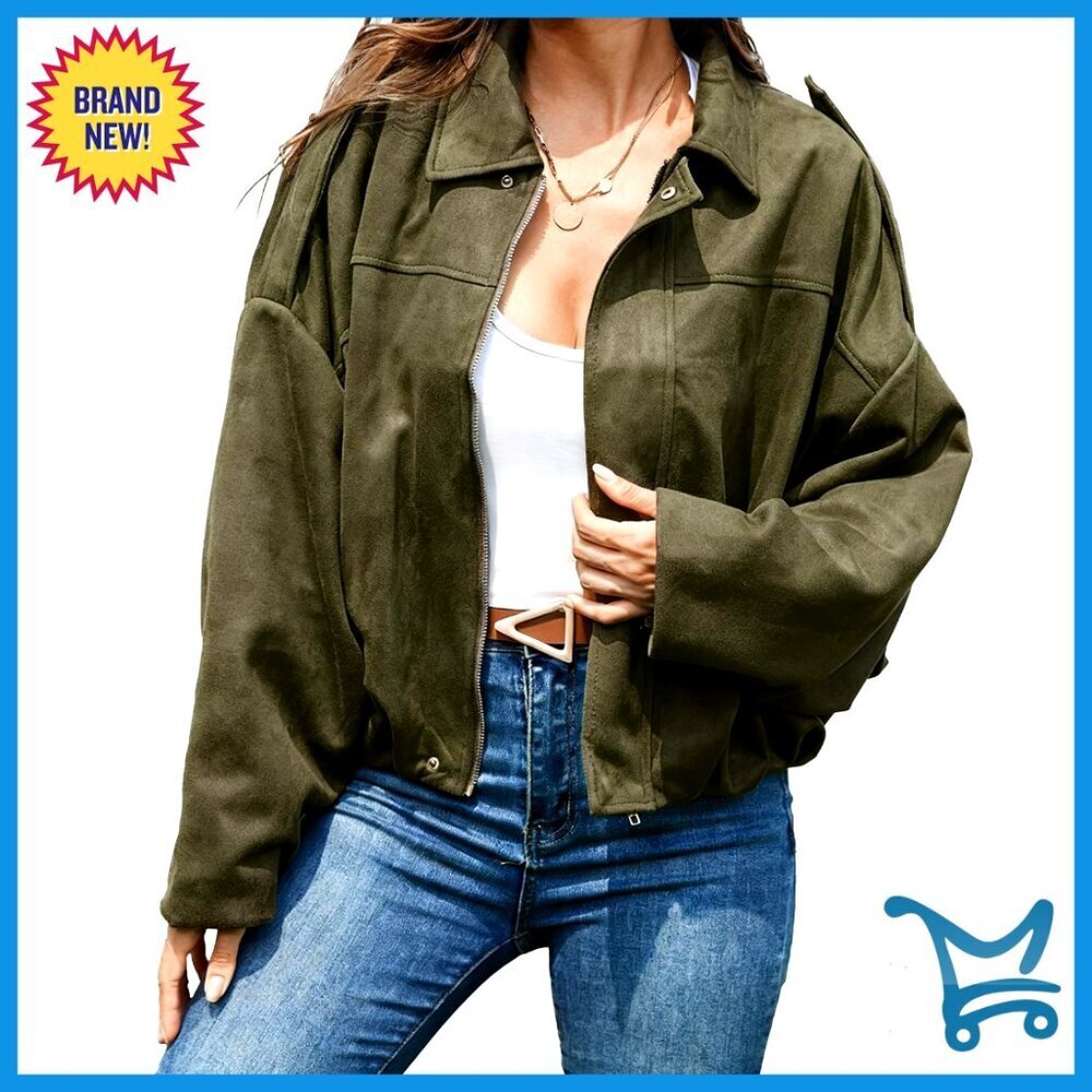 Oversized Faux Suede Bomber Jacket, Cropped Zip Up Coat for Streetwear